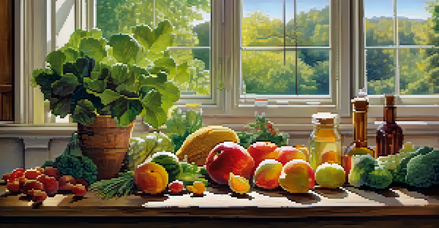 A colorful assortment of fruits, vegetables, and nuts on a wooden table, illuminated by natural sunlight.