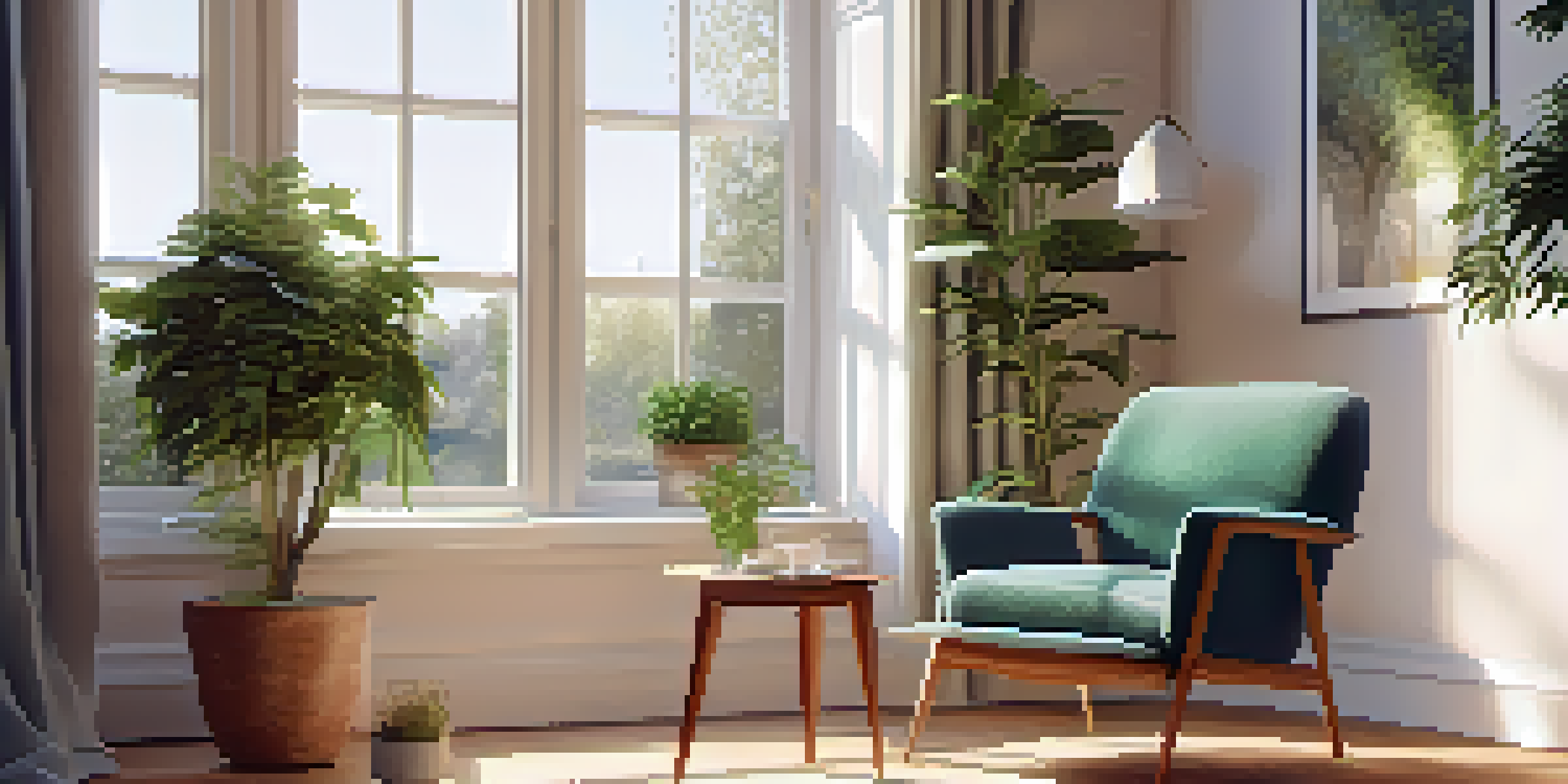 A peaceful relaxation space with a cozy armchair, plants, and a side table with tea and a book, illuminated by soft natural light from a window.