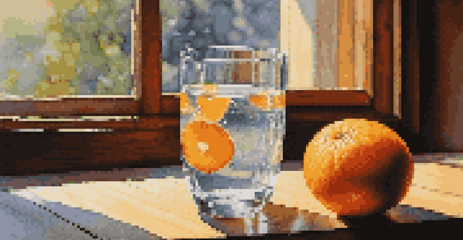 A glass of water with fresh fruits on a wooden table, highlighting the importance of hydration for mental clarity.