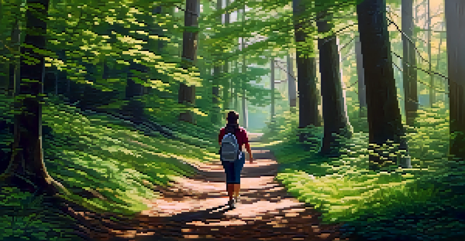 A person walking mindfully on a forest path, surrounded by sunlight filtering through trees, creating a peaceful natural scene.