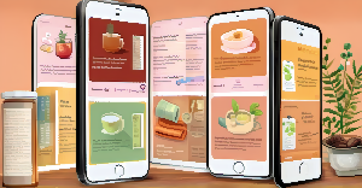 A smartphone showcasing menopause health apps with wellness items like herbal tea and a journal, set in a cozy environment.