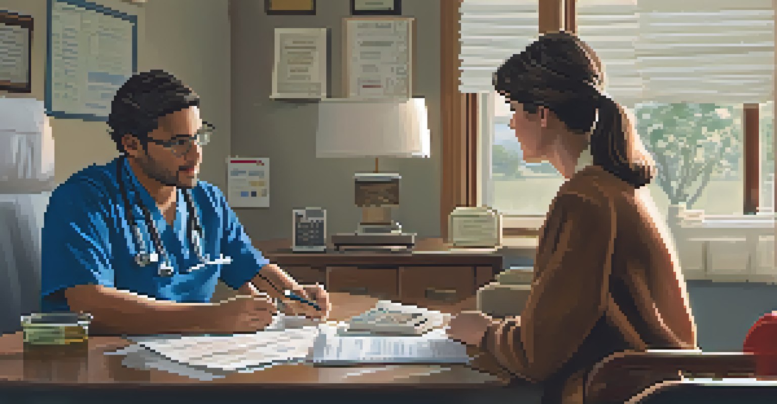 A healthcare professional discussing smoking cessation options with a patient in a warmly lit office.