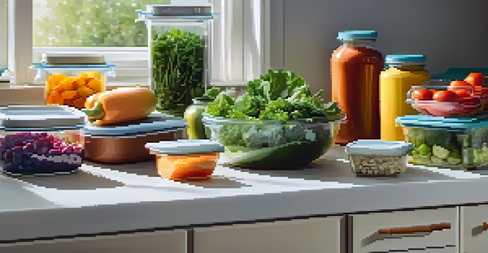 A well-organized kitchen counter with meal prep containers filled with healthy meals, fresh vegetables, and herbs, illuminated by natural sunlight.