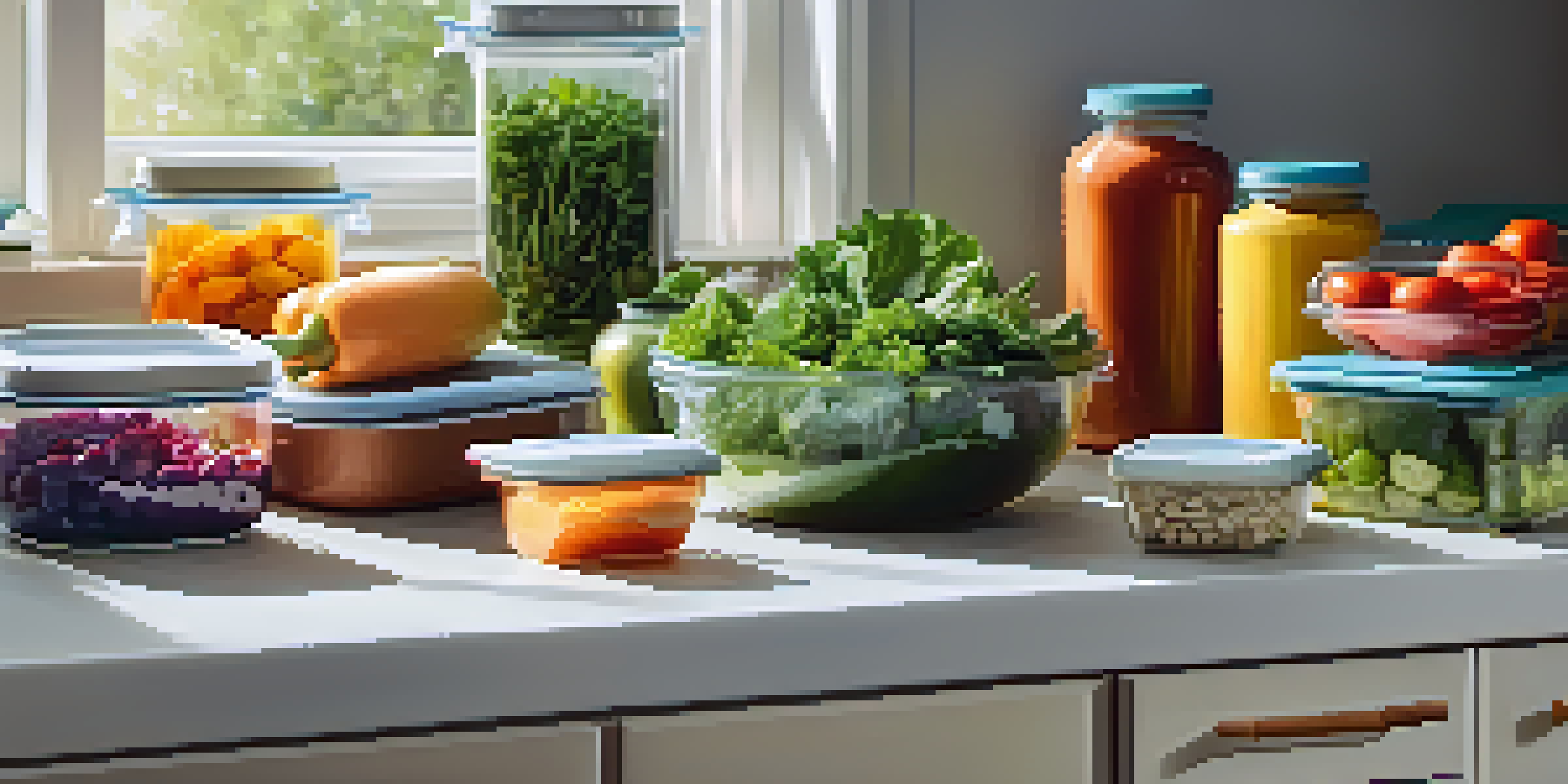 A well-organized kitchen counter with meal prep containers filled with healthy meals, fresh vegetables, and herbs, illuminated by natural sunlight.