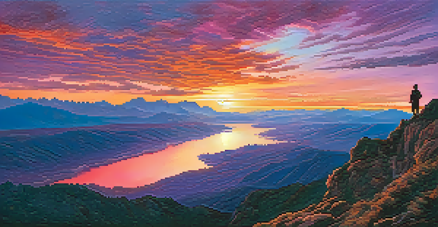 A silhouette of a person on a cliff watching a colorful sunset over mountains.
