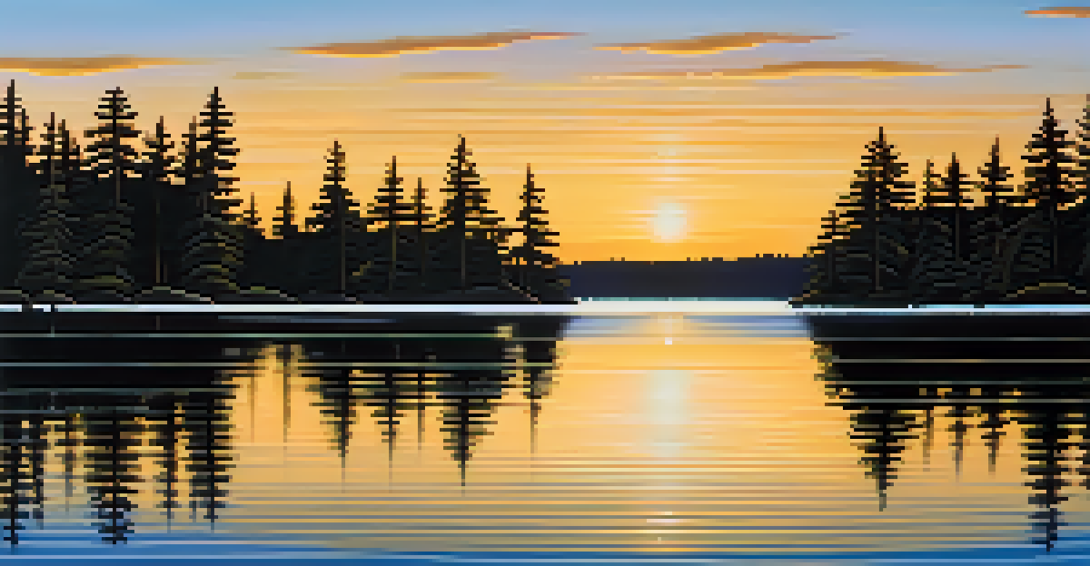 A tranquil lake scene with pine trees and a sunset reflecting on the water.