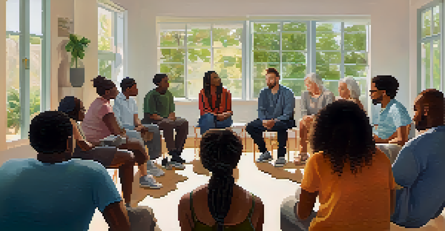 A diverse group of people in a circle at a support group meeting, sharing experiences with supportive expressions in a warm, inviting environment.
