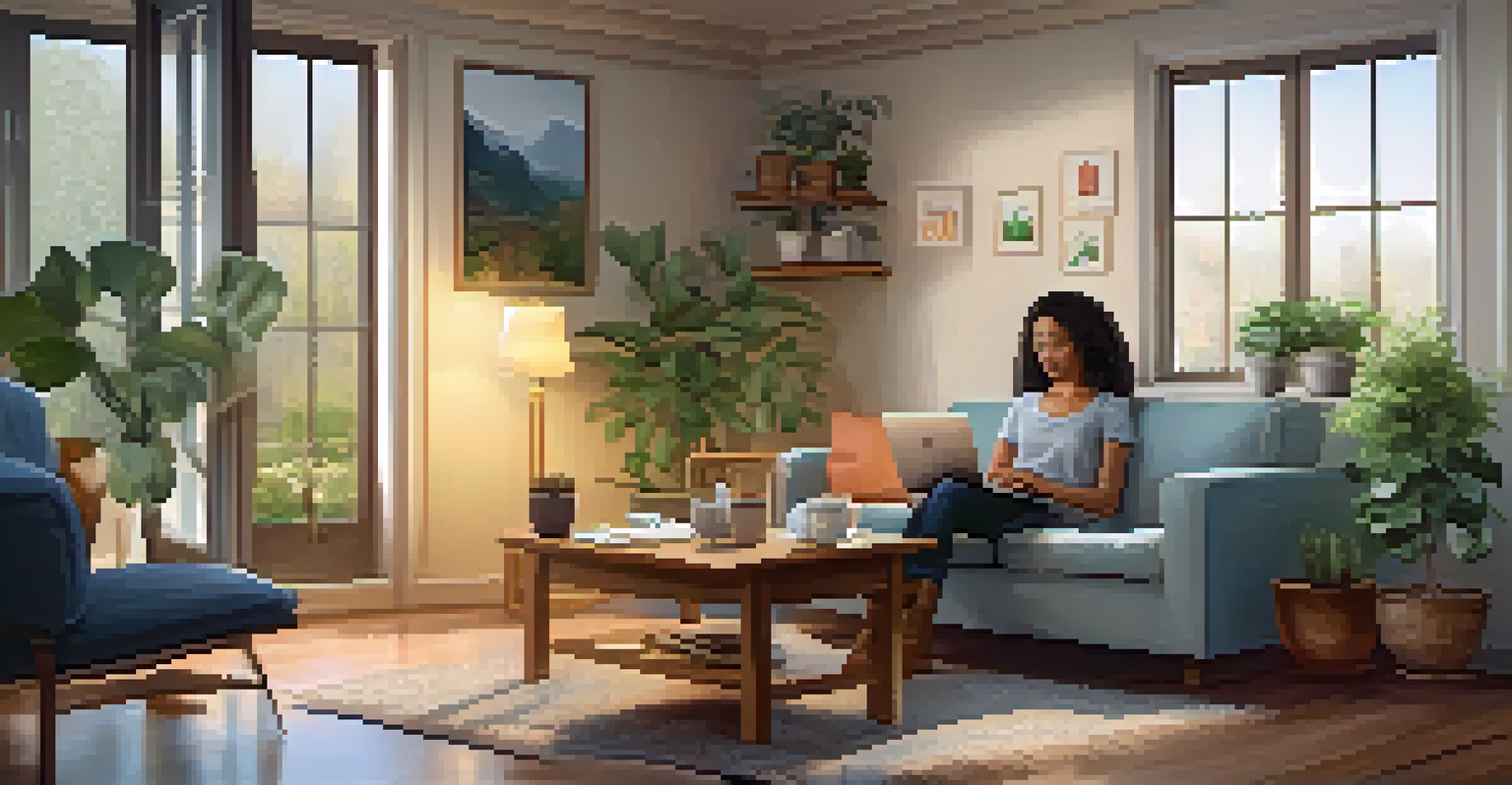 A patient using a laptop to access a digital health portal at home, surrounded by a cozy living room with a plant and a cup of tea.