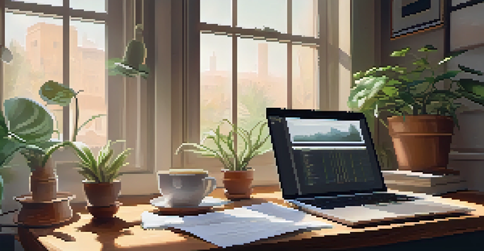 A peaceful office scene featuring a wooden desk with a laptop displaying financial graphs, surrounded by plants and a cup of coffee, illuminated by soft morning light.