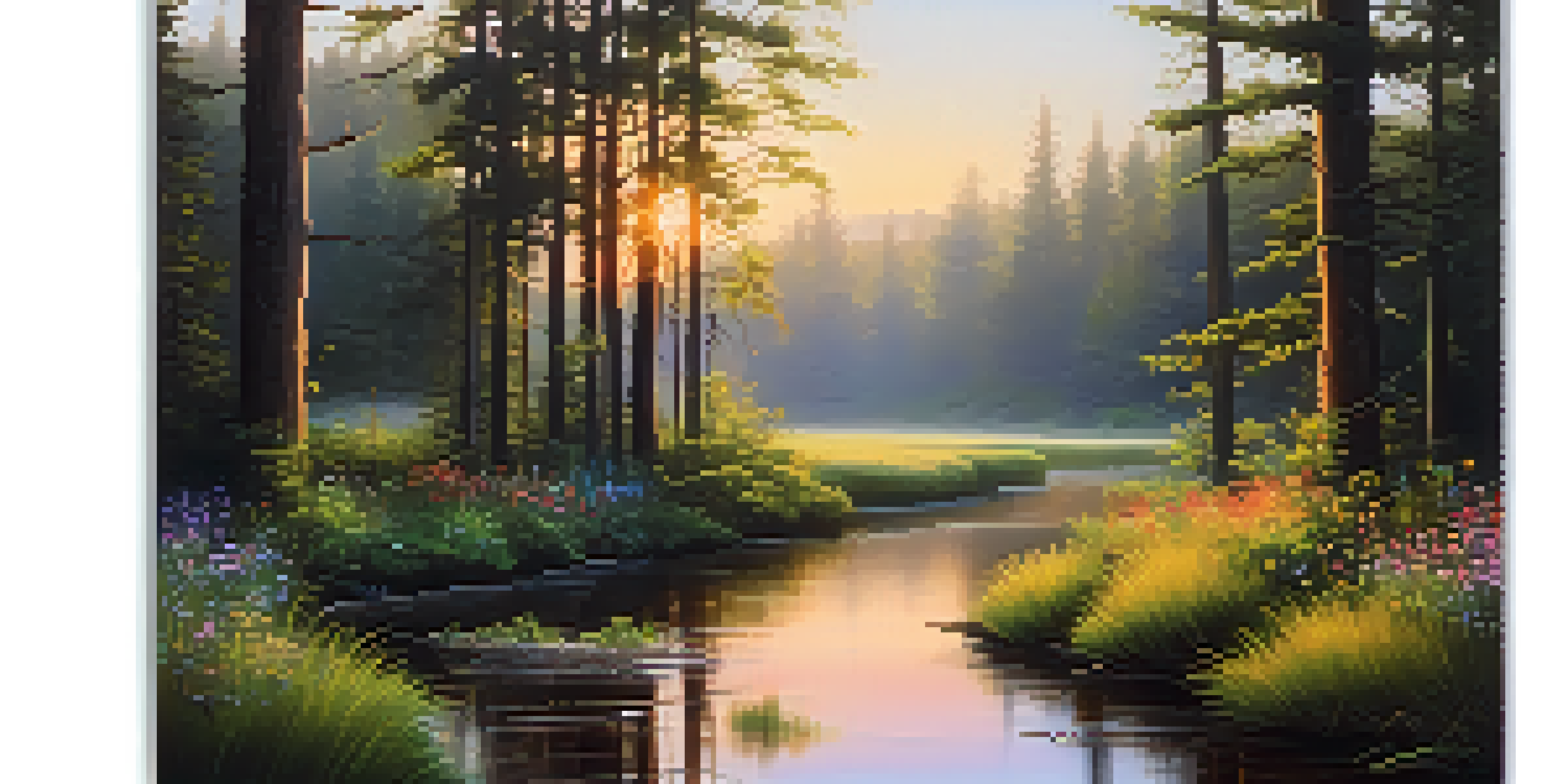 A tranquil forest scene at dawn with sunlight filtering through trees and a clear stream in the foreground.