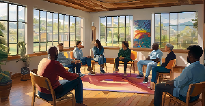 A diverse group of people sitting in a circle, discussing addiction recovery in a warm, inviting community space filled with light and inspiration.