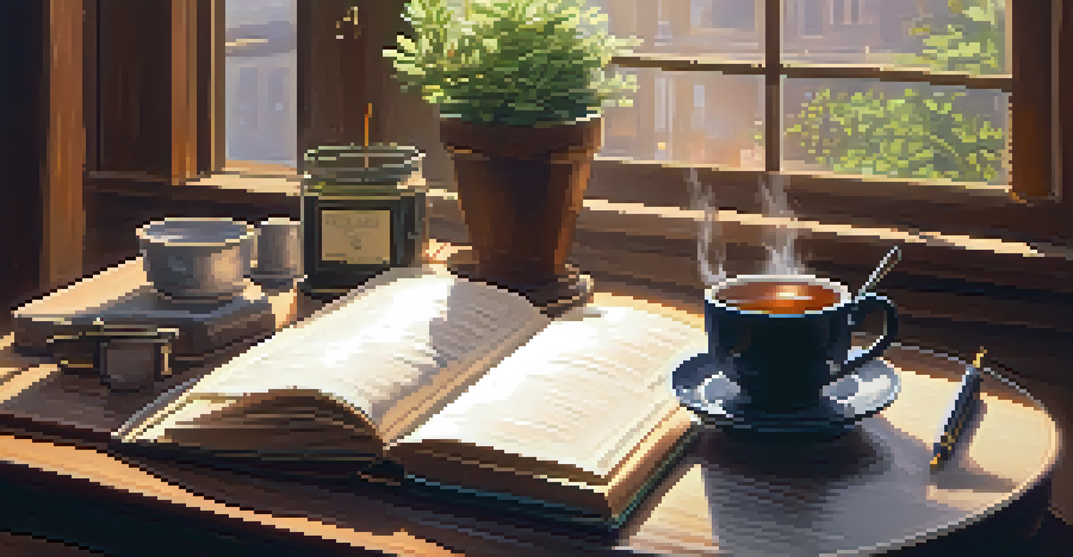 A person writing in a journal at a wooden desk with warm lighting, a cup of tea, and a potted plant beside them.