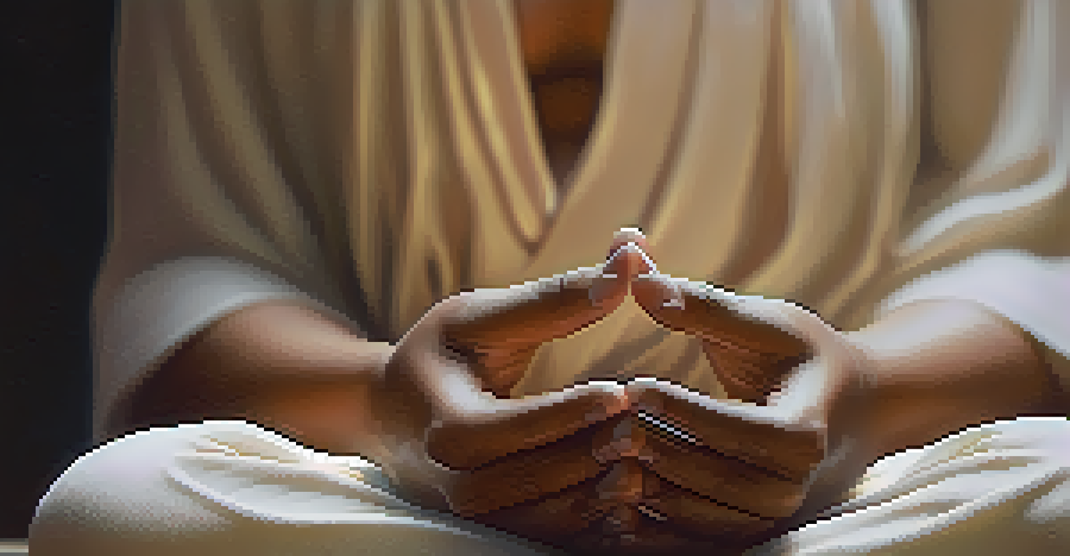Close-up of hands in a mudra position during meditation with calming elements in the background.
