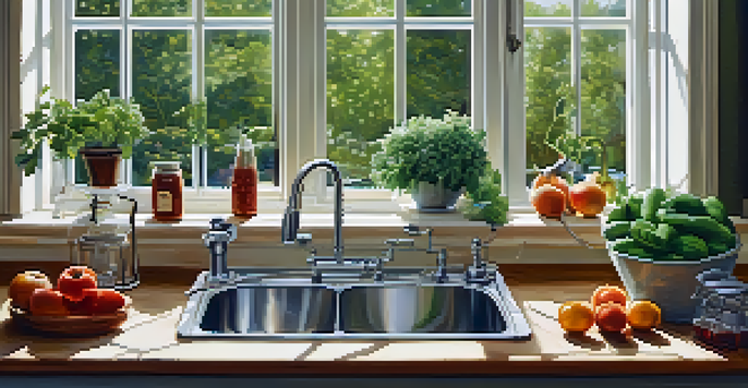 A cozy kitchen countertop showcasing assistive devices for arthritis, with fresh vegetables and fruits illuminated by soft natural light.