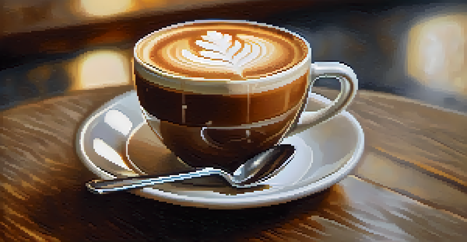 A close-up of a latte art coffee cup on a textured surface, with a small spoon beside it and a blurred café background.