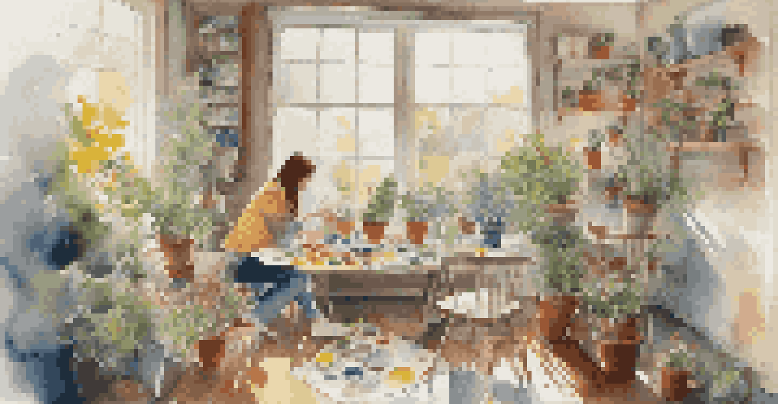 An indoor space with a person painting on a canvas, surrounded by art supplies and natural light.