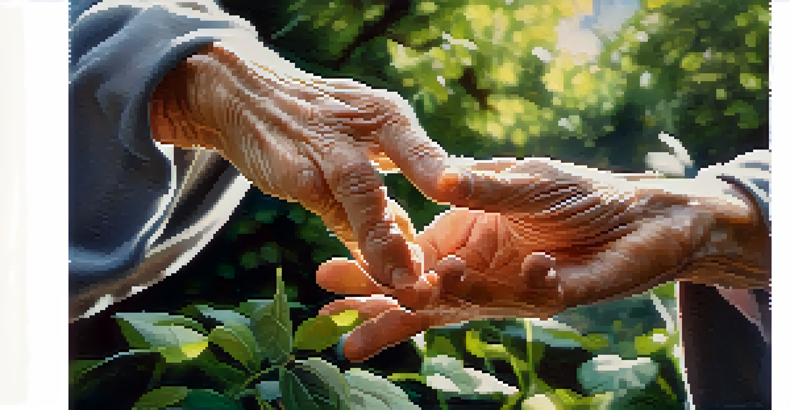 Close-up of an elderly person's hands in a Tai Chi movement, set against a peaceful garden background.