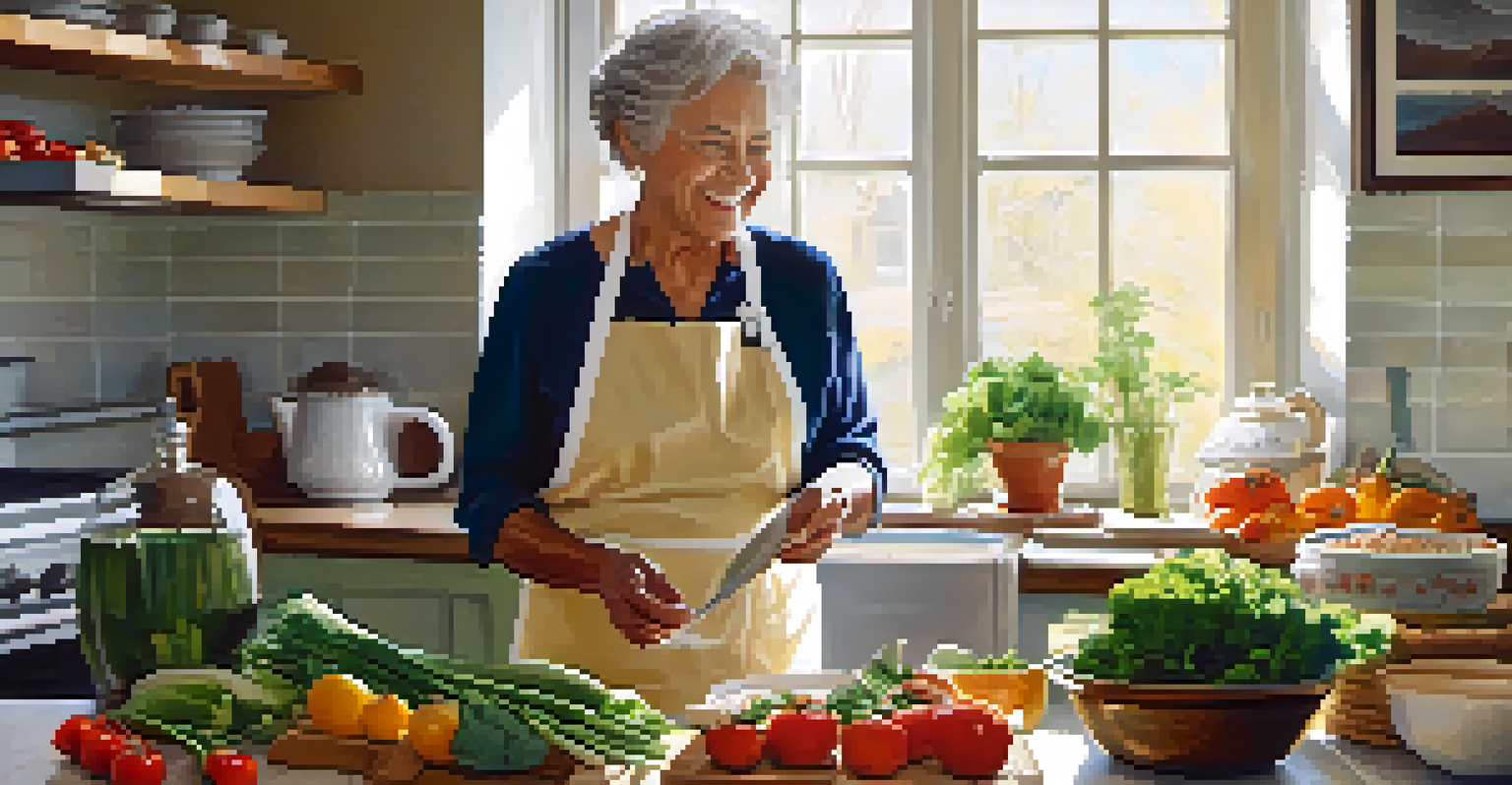 An elderly person happily cooking a healthy meal in a bright kitchen filled with fresh ingredients.