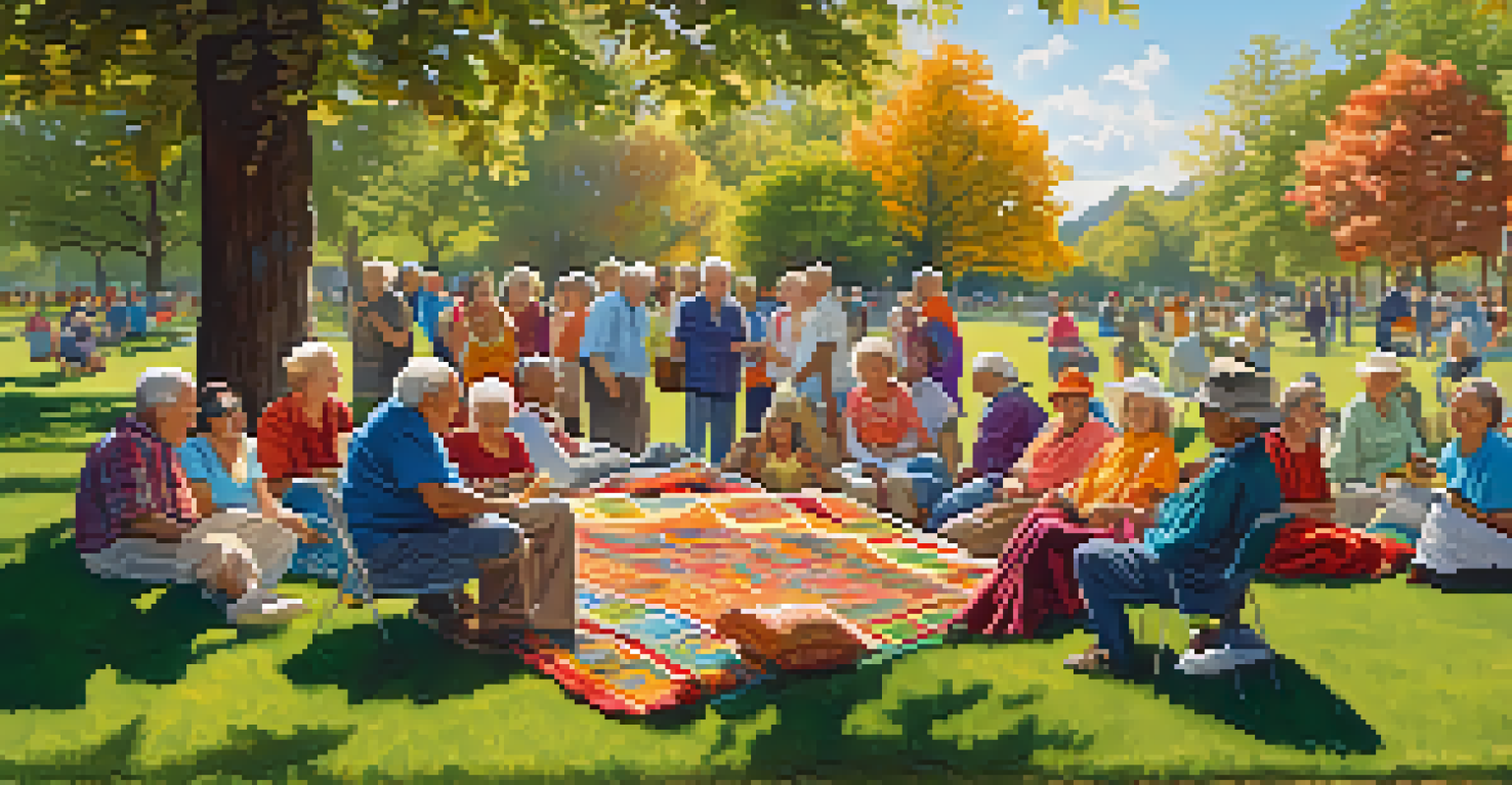 A community gathering in a sunny park with older adults sharing stories of gratitude, surrounded by colorful blankets and smiles.