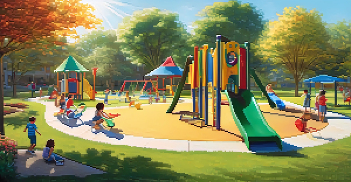Children playing in a lively outdoor play area filled with various play equipment and surrounded by greenery.
