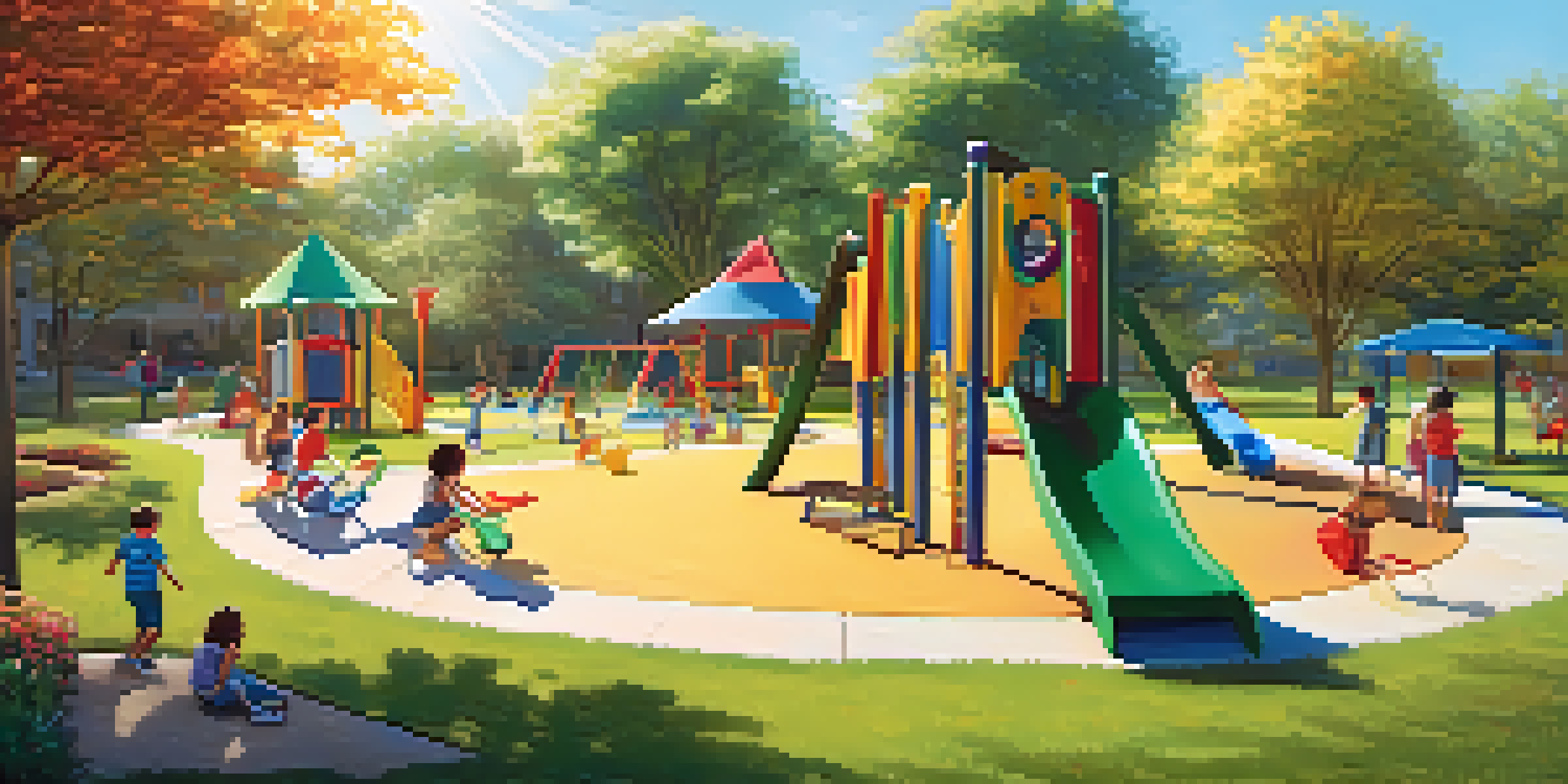 Children playing in a lively outdoor play area filled with various play equipment and surrounded by greenery.