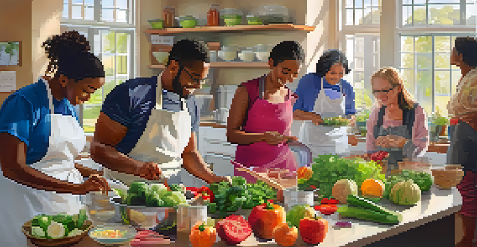 A diverse group of people participating in a cooking class, preparing healthy meals in a bright and welcoming kitchen.