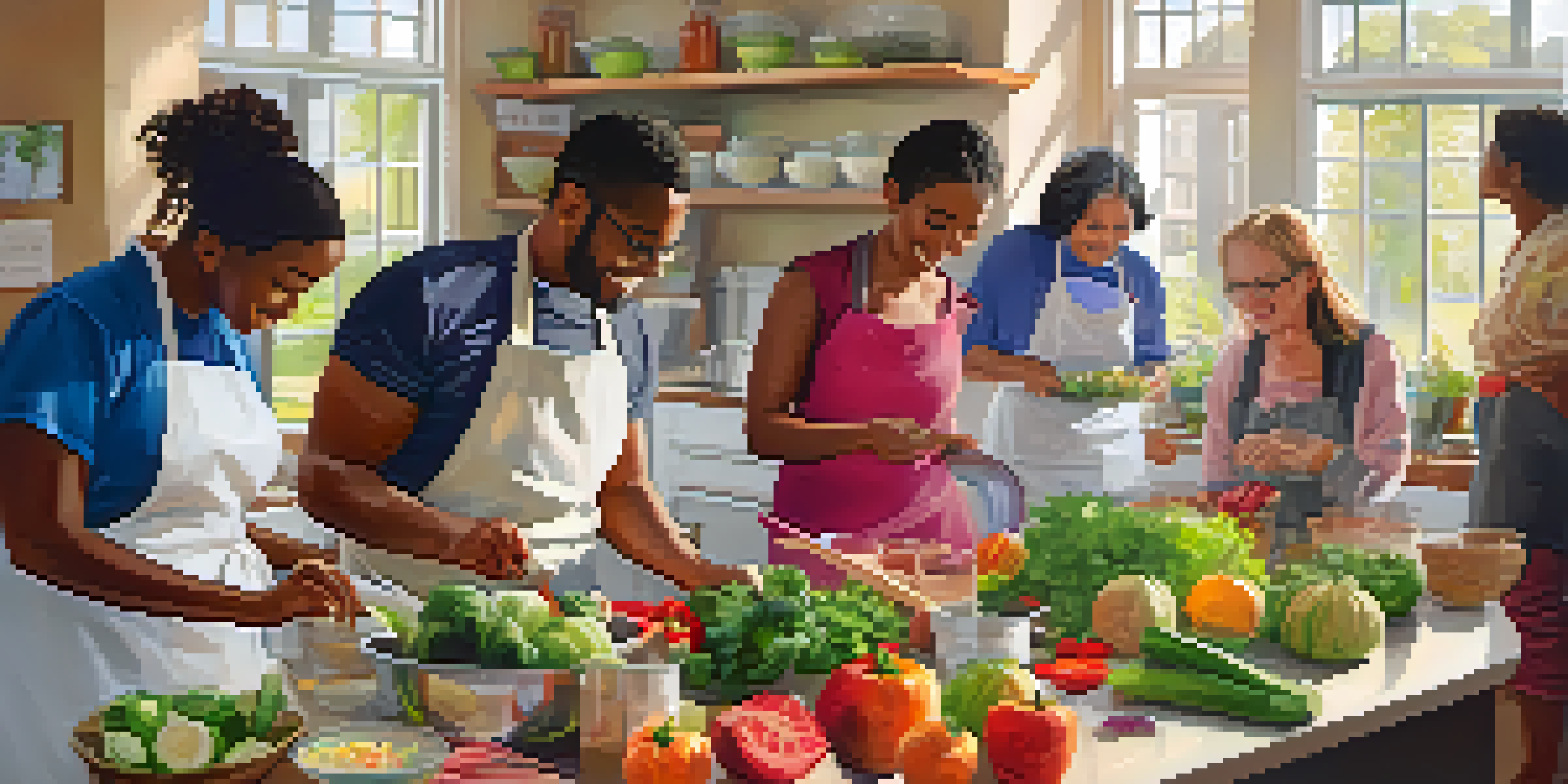 A diverse group of people participating in a cooking class, preparing healthy meals in a bright and welcoming kitchen.