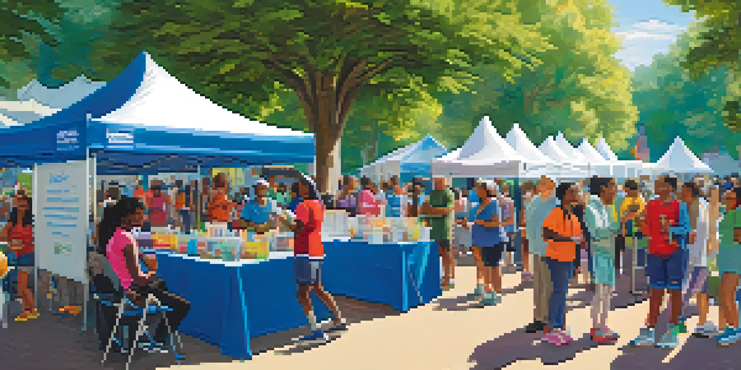 A lively community health fair with volunteers and families participating in various health activities.