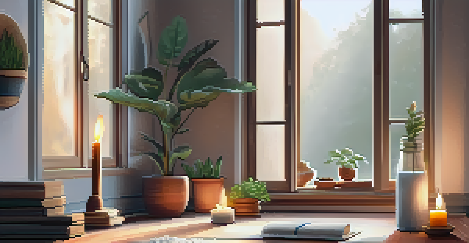 A tranquil self-care space featuring a yoga mat, candles, and a person meditating, with natural light creating a peaceful atmosphere.