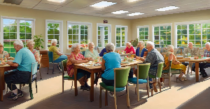 A vibrant community senior center with older adults engaging in various activities, creating a sense of connection and warmth.