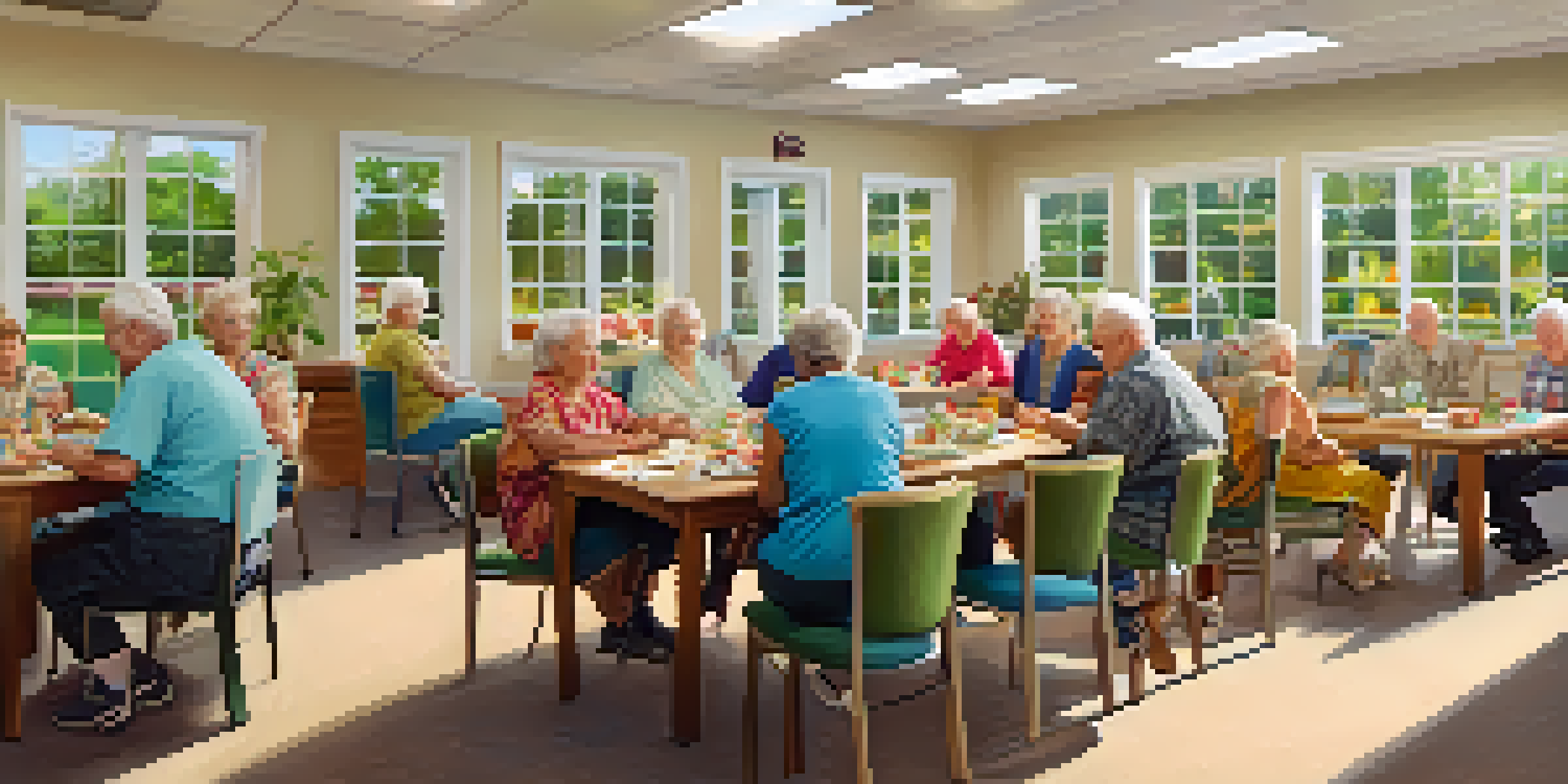 A vibrant community senior center with older adults engaging in various activities, creating a sense of connection and warmth.