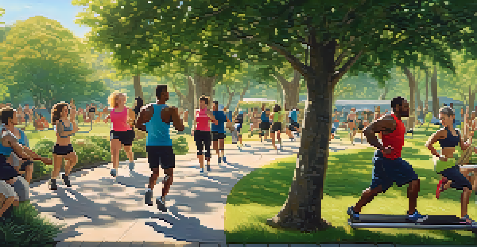 A diverse group of people exercising outdoors, with some running on a path and others lifting weights in a park, under bright sunlight.