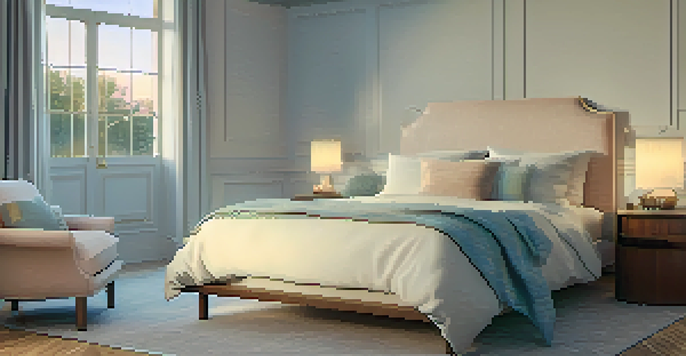A peaceful bedroom with a neatly made bed, soft colors, and warm lighting, promoting a calming environment for sleep.