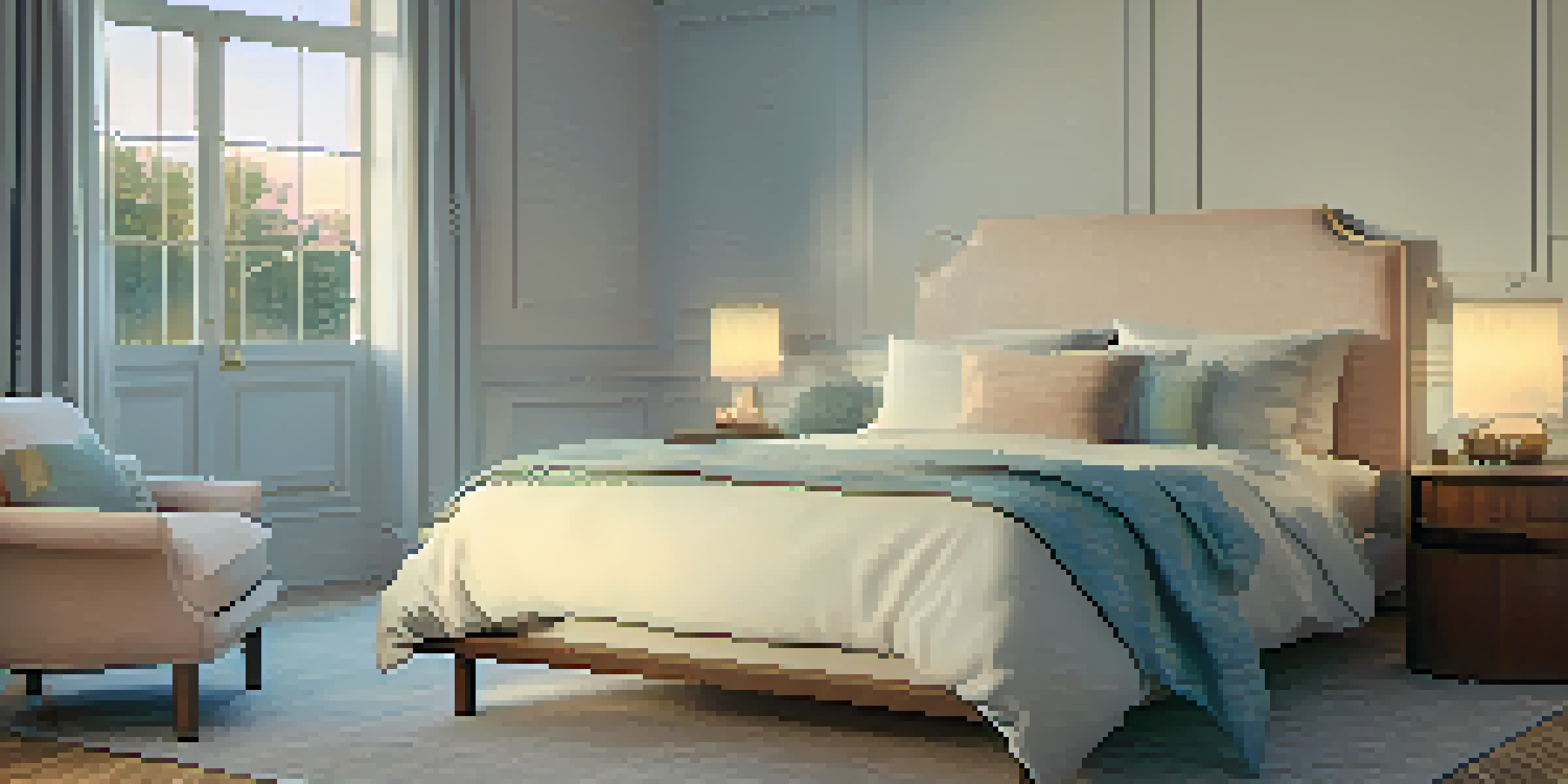A peaceful bedroom with a neatly made bed, soft colors, and warm lighting, promoting a calming environment for sleep.