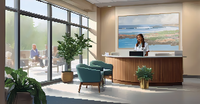 A welcoming reception area of a primary care clinic with natural light, comfortable seating, and a friendly receptionist.