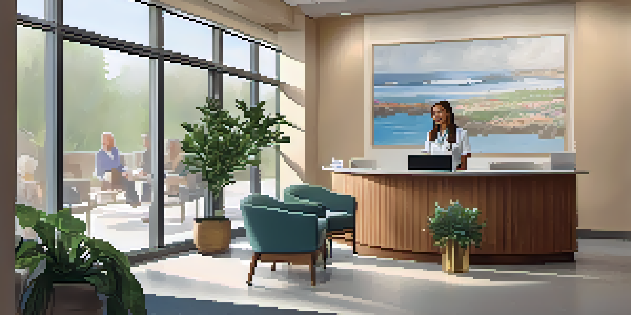 A welcoming reception area of a primary care clinic with natural light, comfortable seating, and a friendly receptionist.