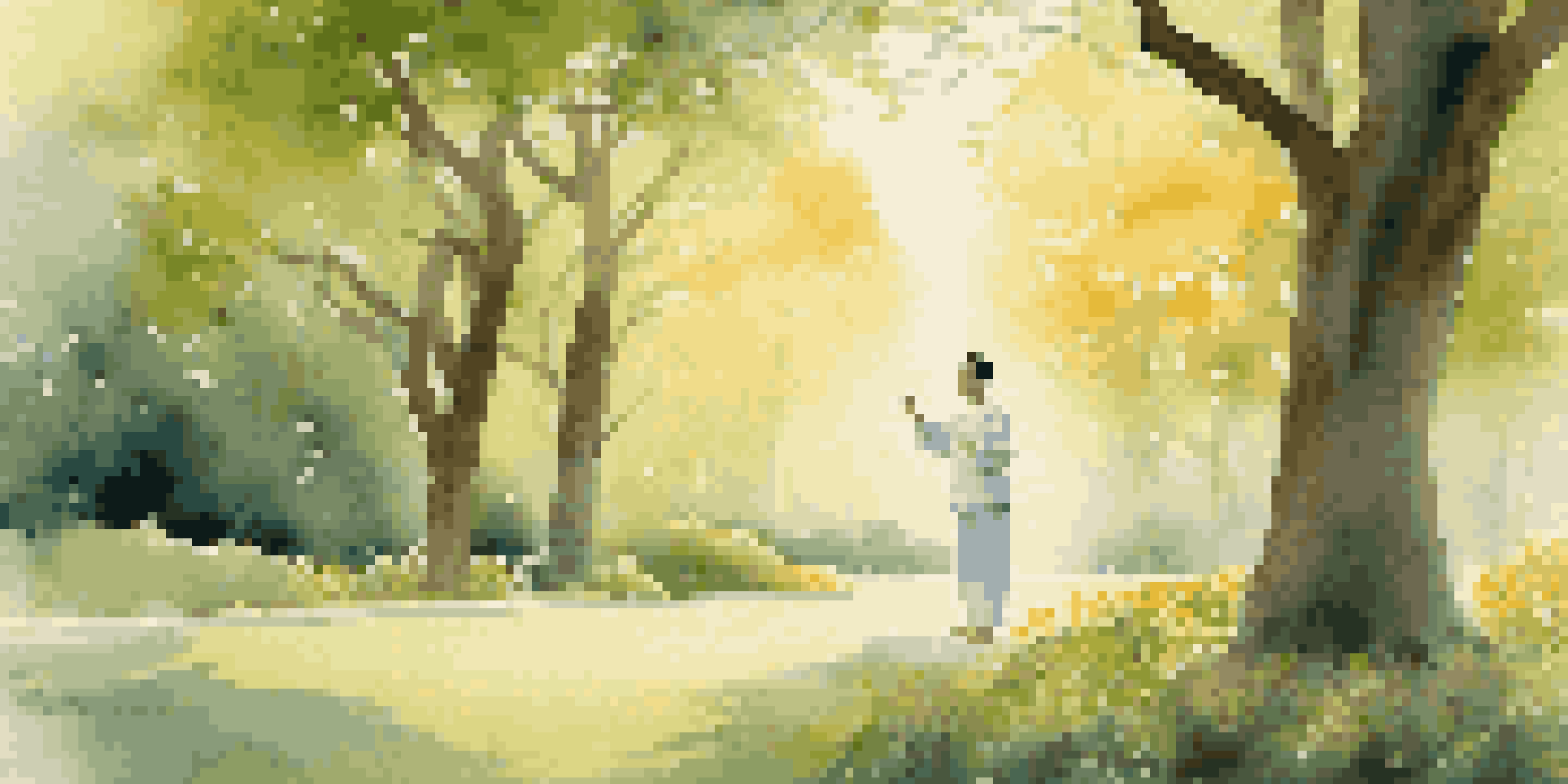 A person practicing Qigong in a peaceful green park at sunrise, surrounded by trees and flowers, with soft golden light filtering through the leaves.
