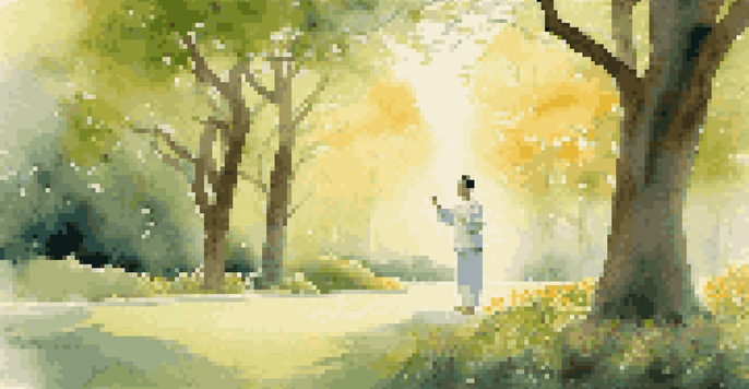A person practicing Qigong in a peaceful green park at sunrise, surrounded by trees and flowers, with soft golden light filtering through the leaves.