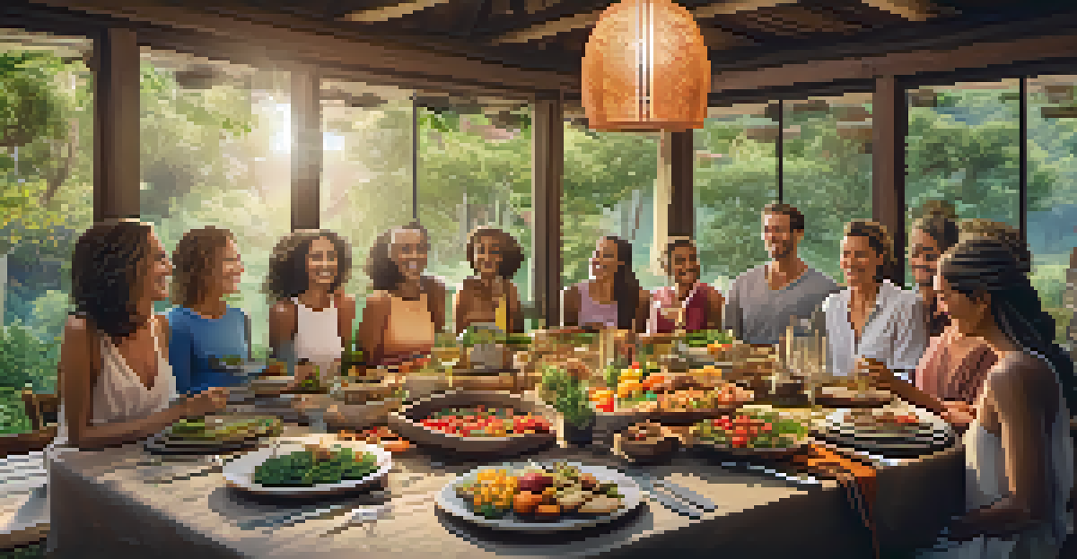 A group of individuals enjoying a communal meal at a wellness retreat, with a beautifully arranged table of healthy dishes in a natural setting.