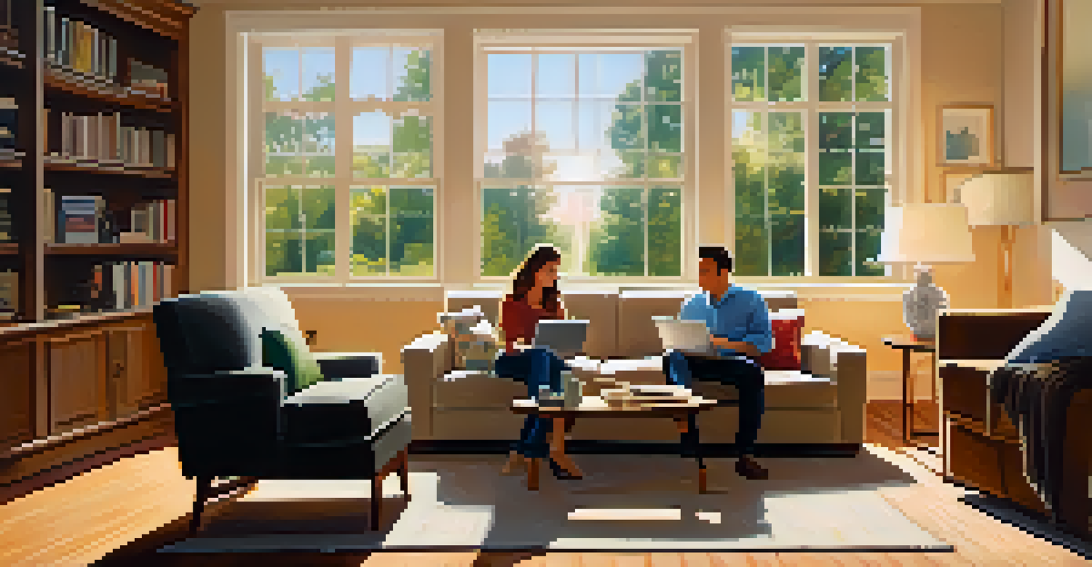 A couple discussing finances in a cozy living room, with a laptop and financial books on the table.