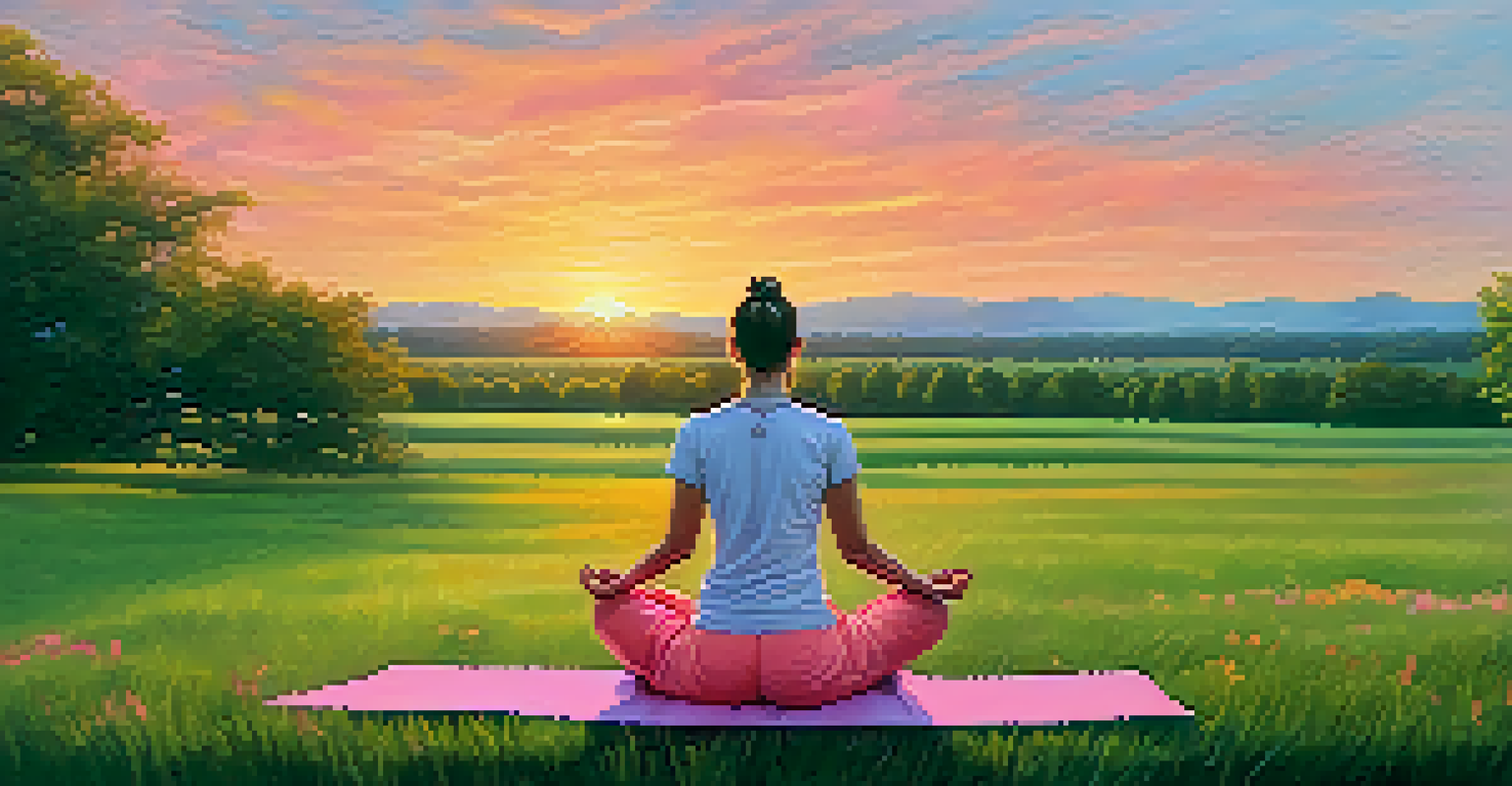 A caregiver practicing yoga in a field during sunset, with colorful skies and a calm ambiance.