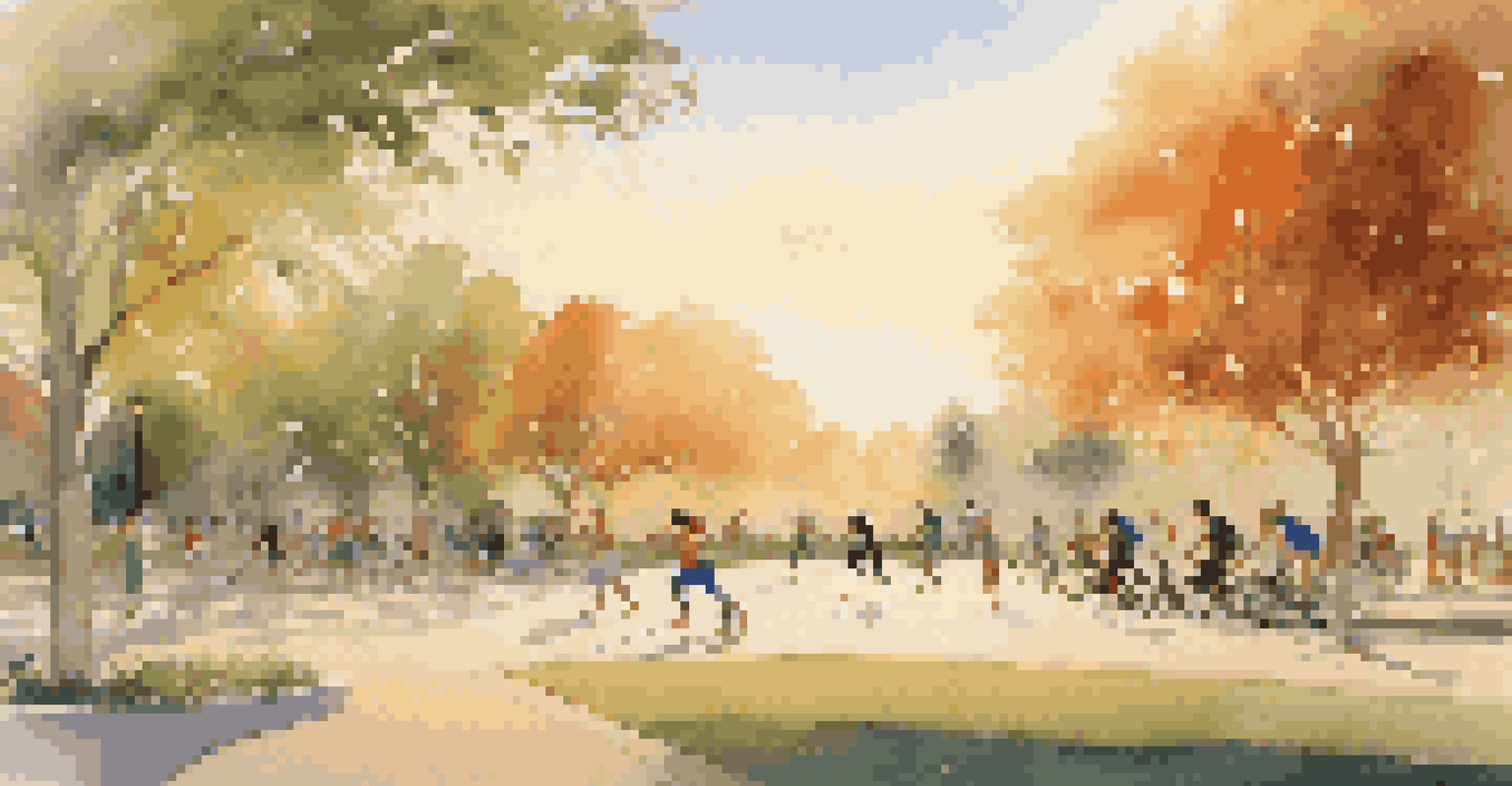 A peaceful park scene with diverse individuals practicing yoga, jogging, and cycling under the warm glow of the setting sun.
