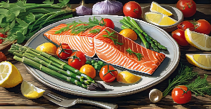A plate of salmon with herbs and lemon, surrounded by vegetables on a wooden table.