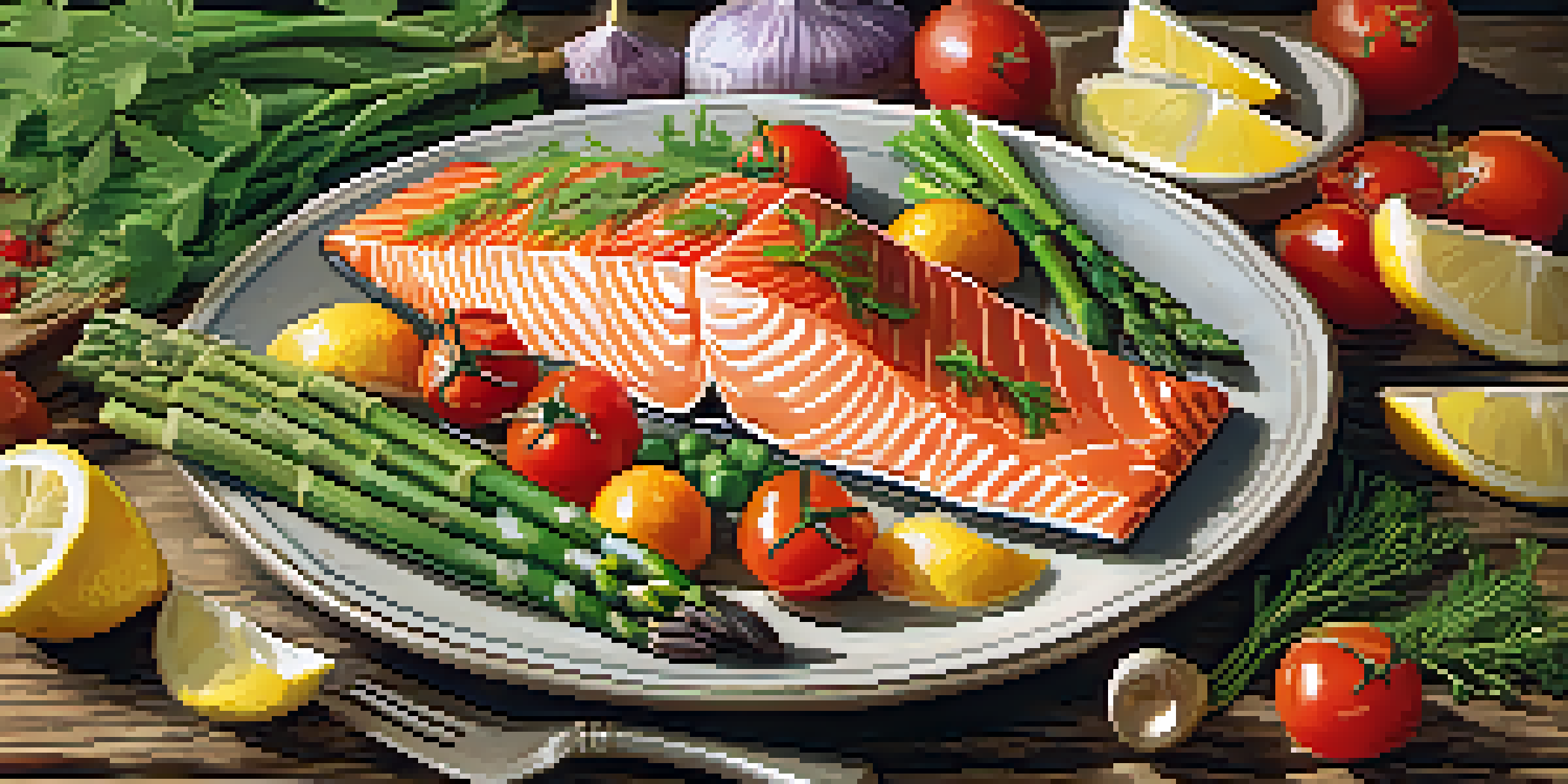 A plate of salmon with herbs and lemon, surrounded by vegetables on a wooden table.