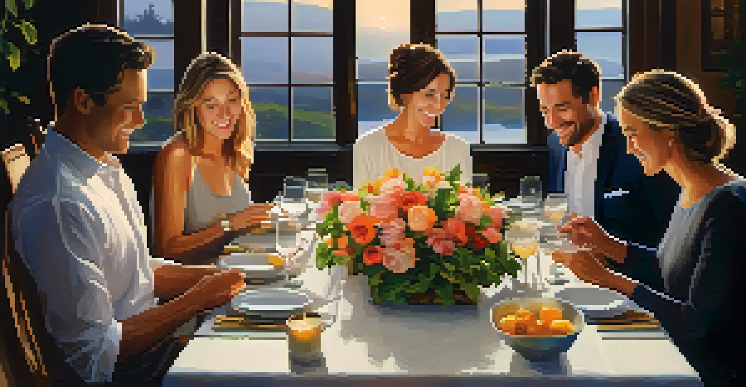 A cozy dinner scene with friends gathered around a table, enjoying food and conversation in warm candlelight.