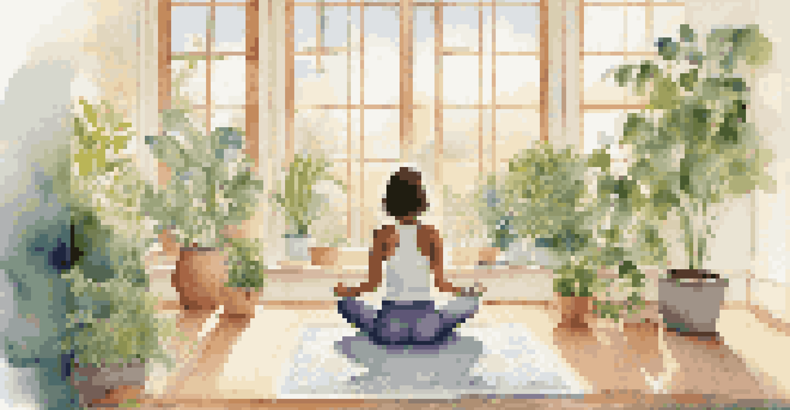 A person meditating on a yoga mat in a bright room surrounded by cushions and plants, with a garden view outside.