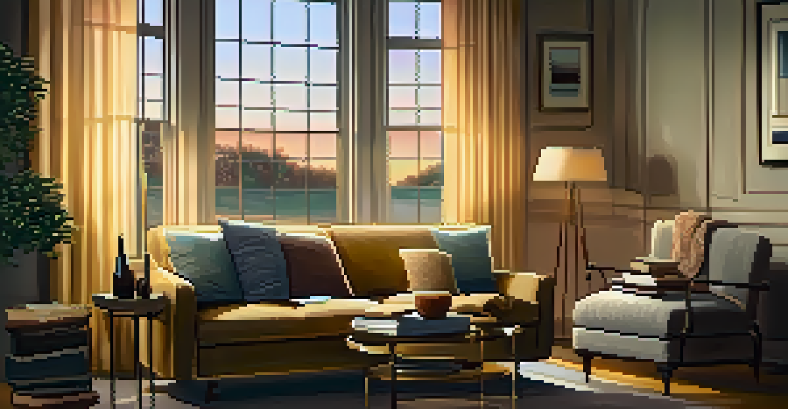 A cozy living room with a sofa, books on a coffee table, and a warm blanket, illuminated by golden light from a floor lamp, with a sunset visible through the window.