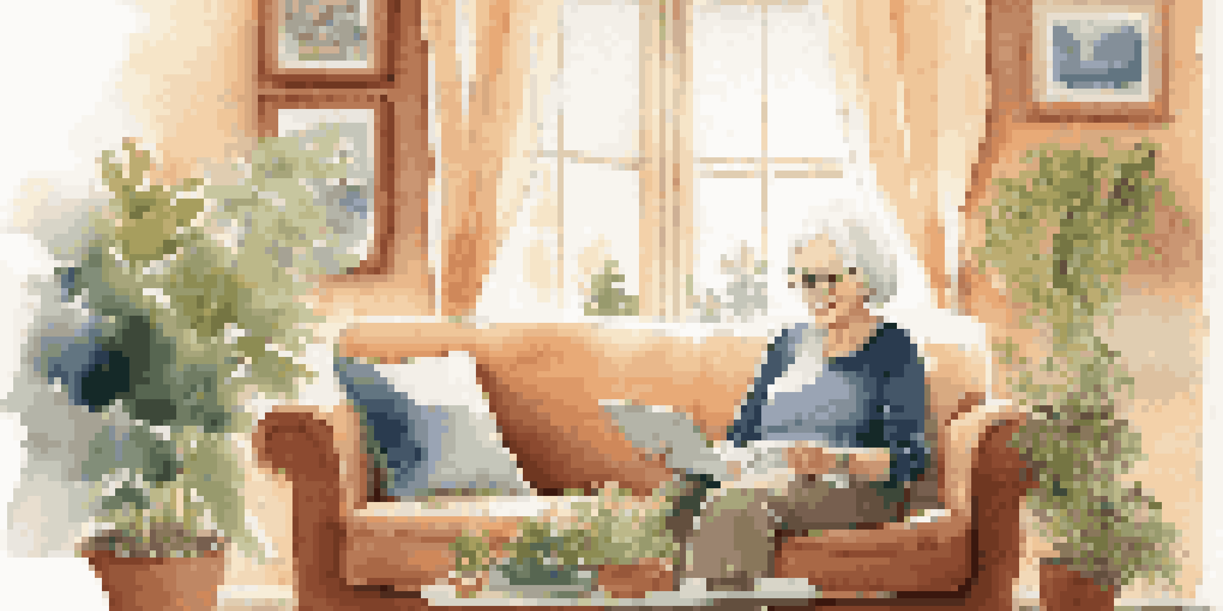 An elderly woman sitting on a sofa in a cozy living room, using a tablet with a smile, surrounded by family photos and plants, illuminated by sunlight.