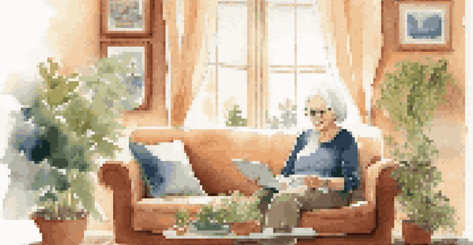 An elderly woman sitting on a sofa in a cozy living room, using a tablet with a smile, surrounded by family photos and plants, illuminated by sunlight.