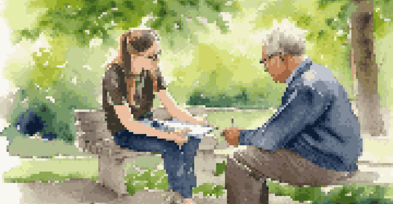 A mentor and a young person sitting on a park bench, engaged in a discussion with a notepad, surrounded by greenery.